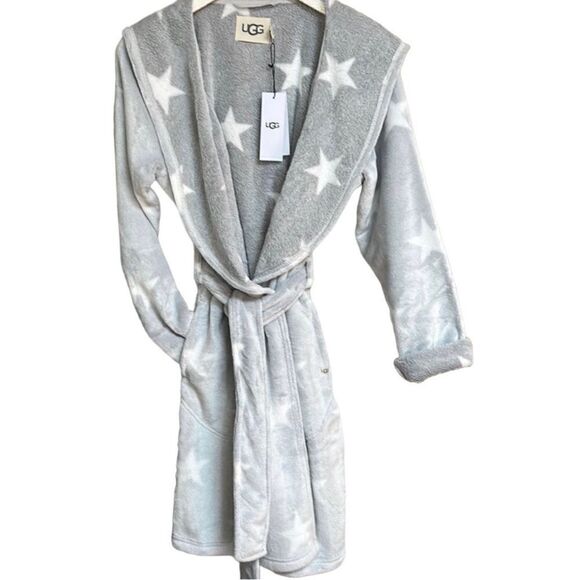 UGG Other - Ugg Grey/White Stars Cozy Fleece Miranda Cozy Fleece Hoodie Belted Wrap Robe NWT